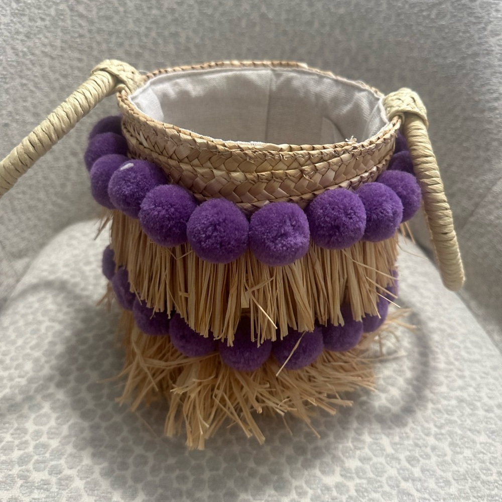 Women’s Straw Pom Pom Basket Purse - Purple